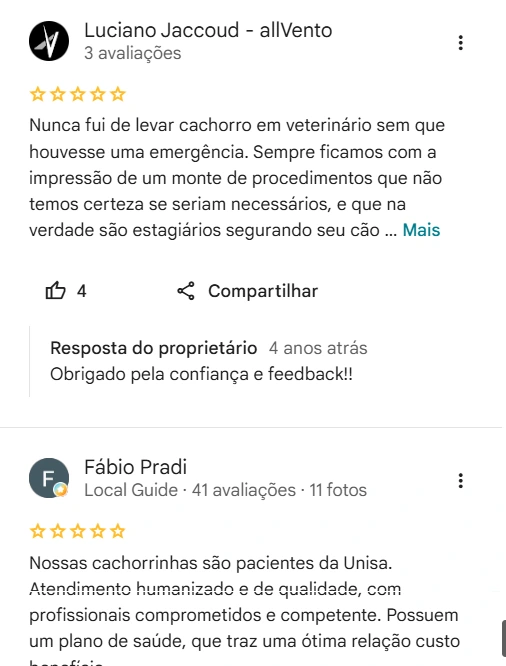 Avaliação de cliente no Google sobre a UNISA